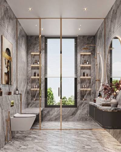 Luxury marble bathroom with glass shower