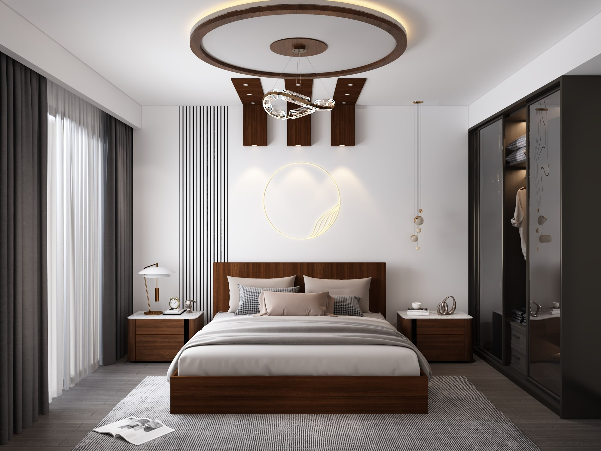 Luxury modern bedroom with walnut accents