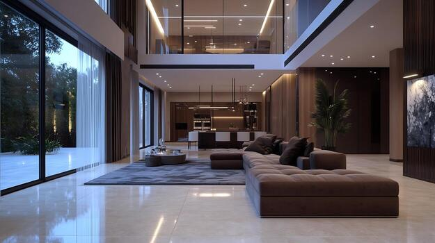 Elegant modern living room with warm evening lighting
