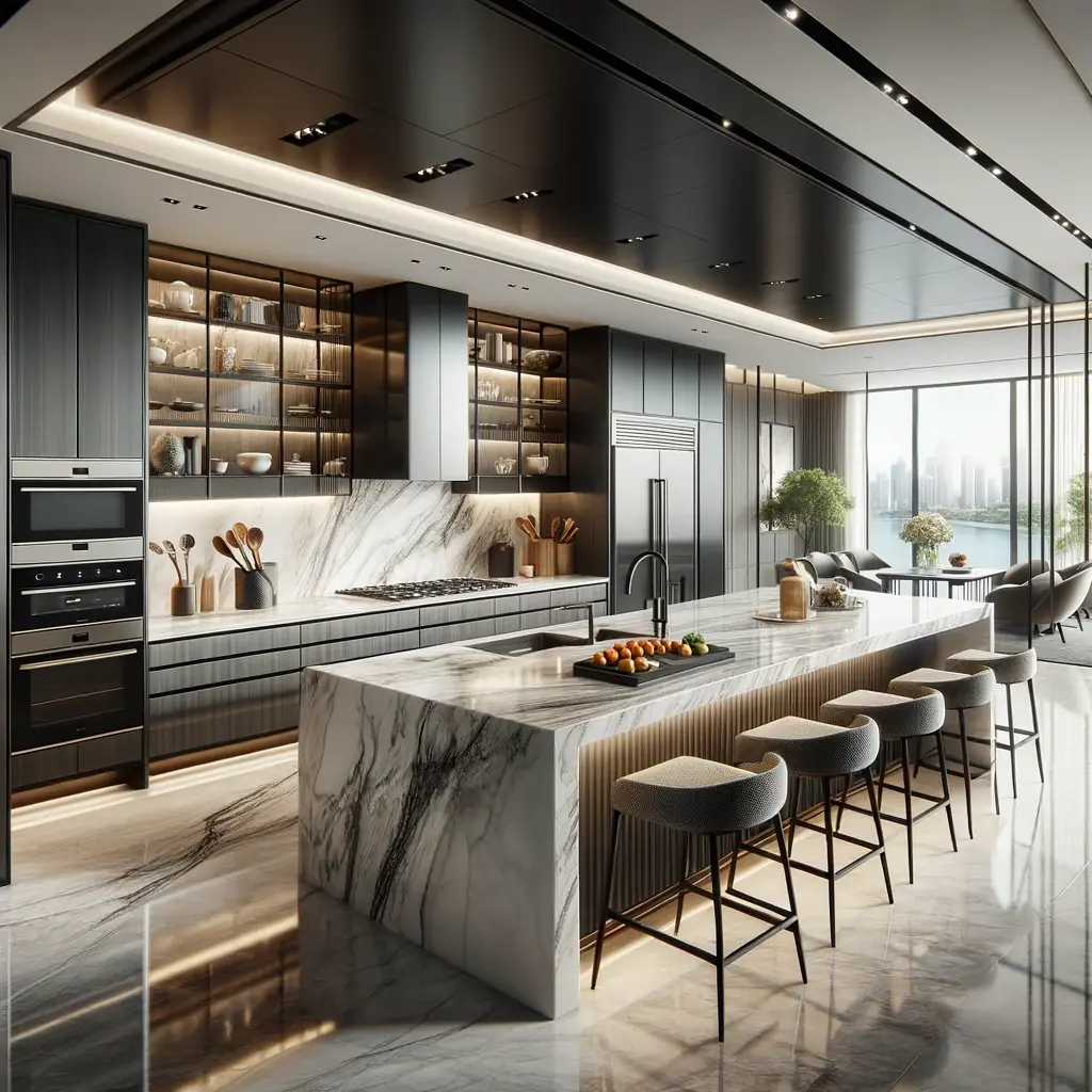 Dark contemporary kitchen with a marble island