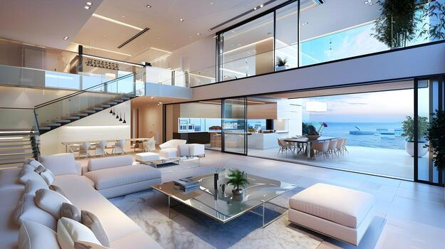Bright double-height contemporary living room with ocean views